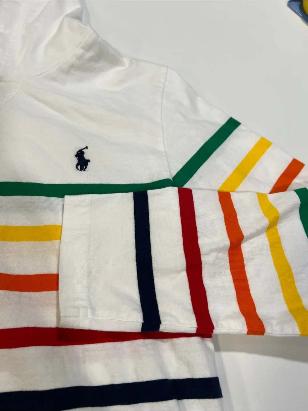Ralph Lauren Kids White Hoodie with Multicolor Stripes - 10/12, EUC
